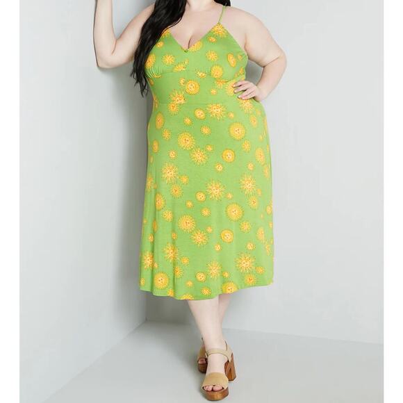 1X 14 16 Plus Size ModCloth Lime Sun Print Slip Dress Celestial Stretchy Knit - Picture 1 of 4